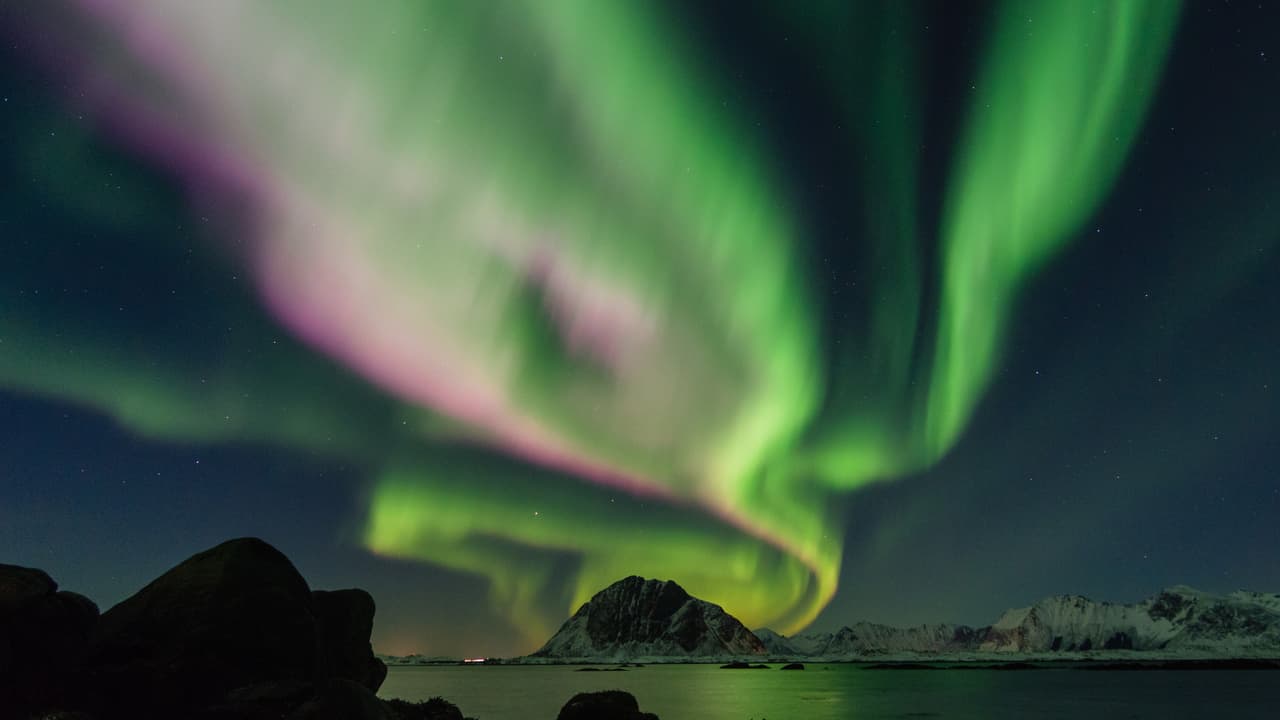 Aurora boreal verde y rosa sobre picos nevados y una bahía en calma en Lofoten, norte de Noruega.